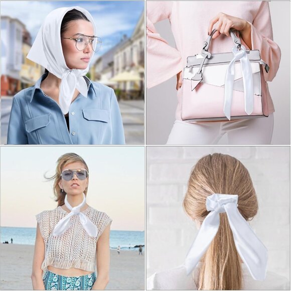 Women's White Silk Feeling Scarf 23.6'' Square Satin Scarf Neck Head Bandana - Picture 7 of 7
